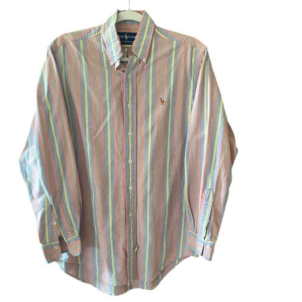 Ralph Lauren Button Down Dress Shirt Pink, Blue, Yellow Striped Mens 15.5-34